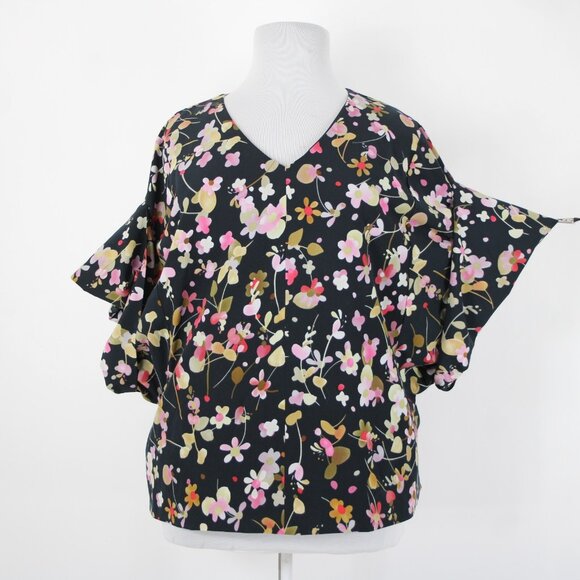 Cabi Sz XL Navy Multi Floral Flowy Short Dolman Sleeve Lined Polyester Top - Picture 4 of 15